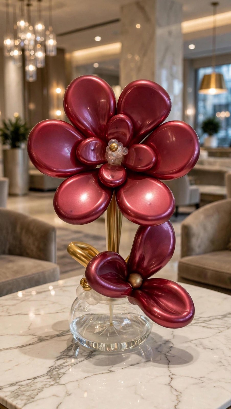Composition sculpturale en ballons : une grande fleur bordeaux métallisée au cœur nacré et doré, une tige dorée et une seconde fleur plus petite, dans un vase en verre transparent posé sur une table en marbre