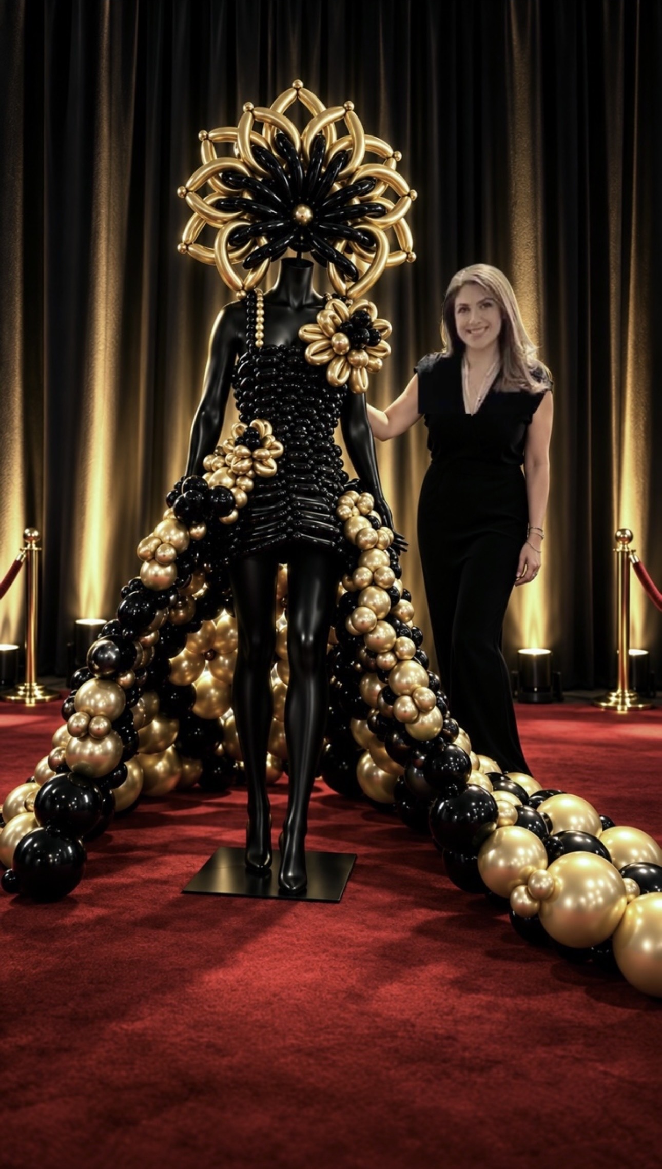 Grande robe sculpturale en ballons noirs et dorés sur mannequin, tapis rouge, avec une femme à ses côtés