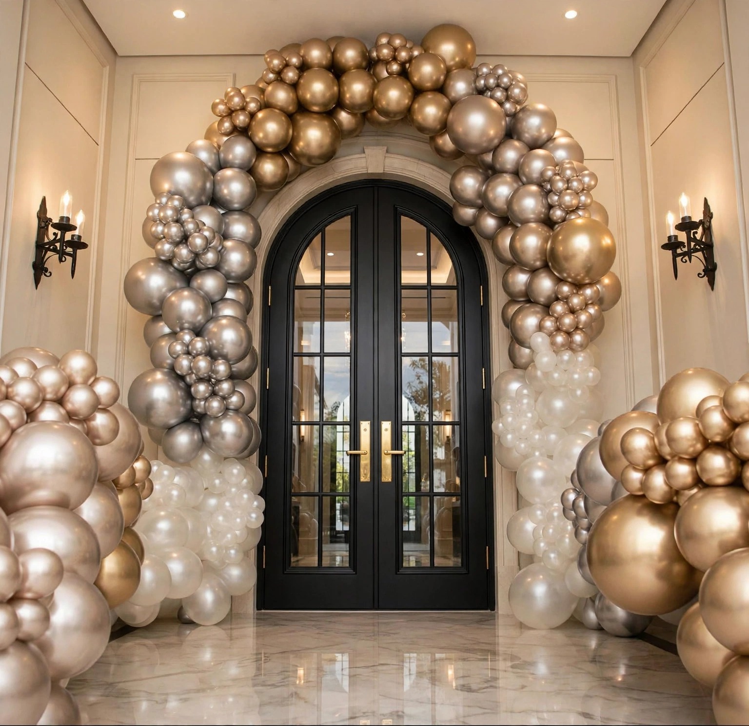 Arche de ballons dorés, argentés et transparents au-dessus d'une porte d'entrée noire à double battant