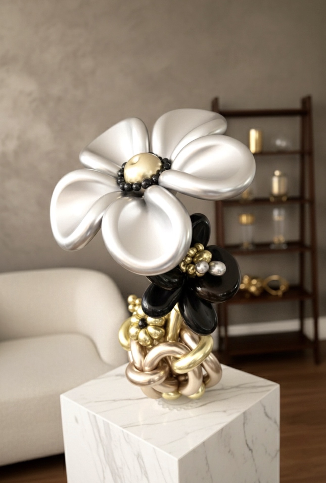 Fleur sculpturale en ballons argentés, noirs et dorés sur un socle en marbre, dans un salon