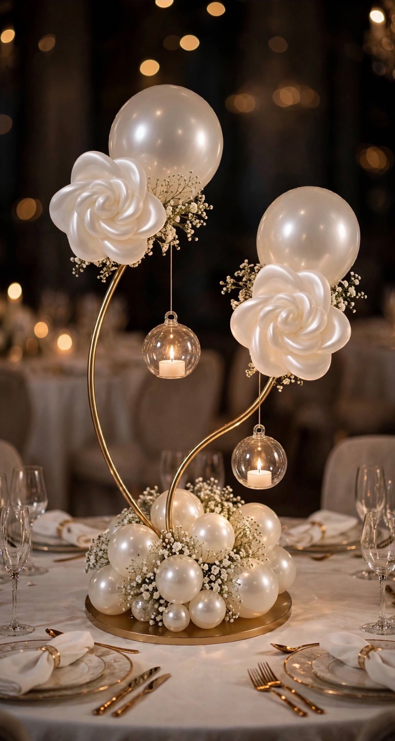 Centre de table en ballons nacrés : deux fleurs blanches sur des tiges dorées courbes, deux grands ballons nacrés et deux photophores en verre avec bougies, sur une base de ballons et de gypsophile, posé sur une table dressée