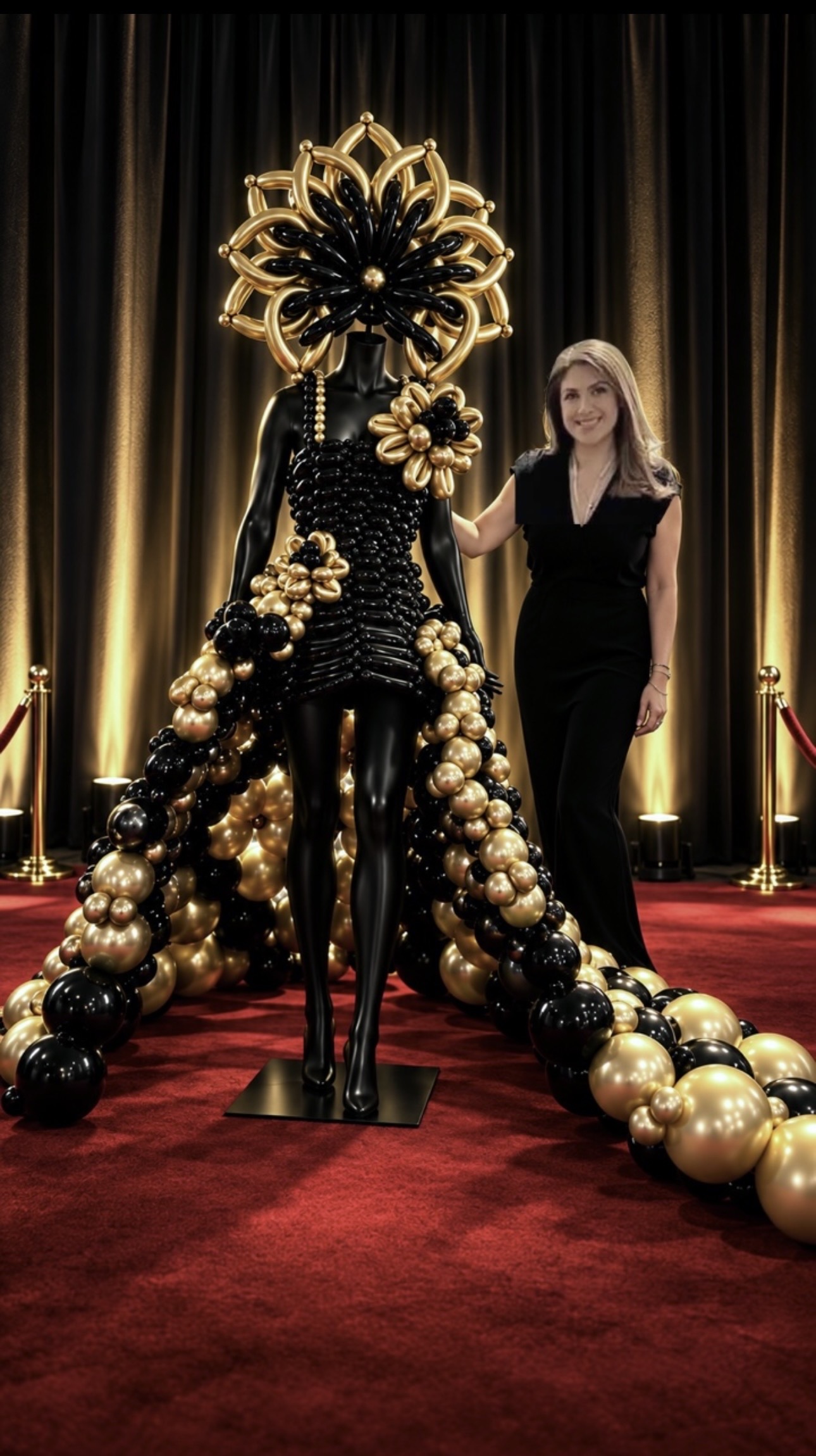 Sculpture en ballons noir et or en forme de robe sur mannequin, tapis rouge